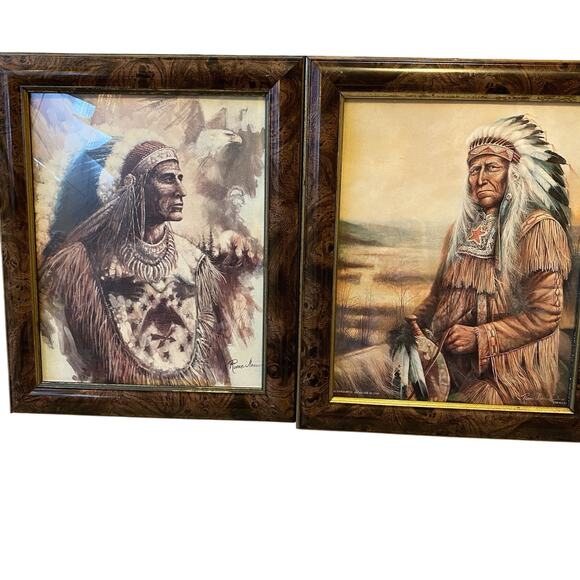 Vintage Ruane Manning American Indian Chief USA Lithograph Frame 12”x11” Lot Of2 - Picture 1 of 9